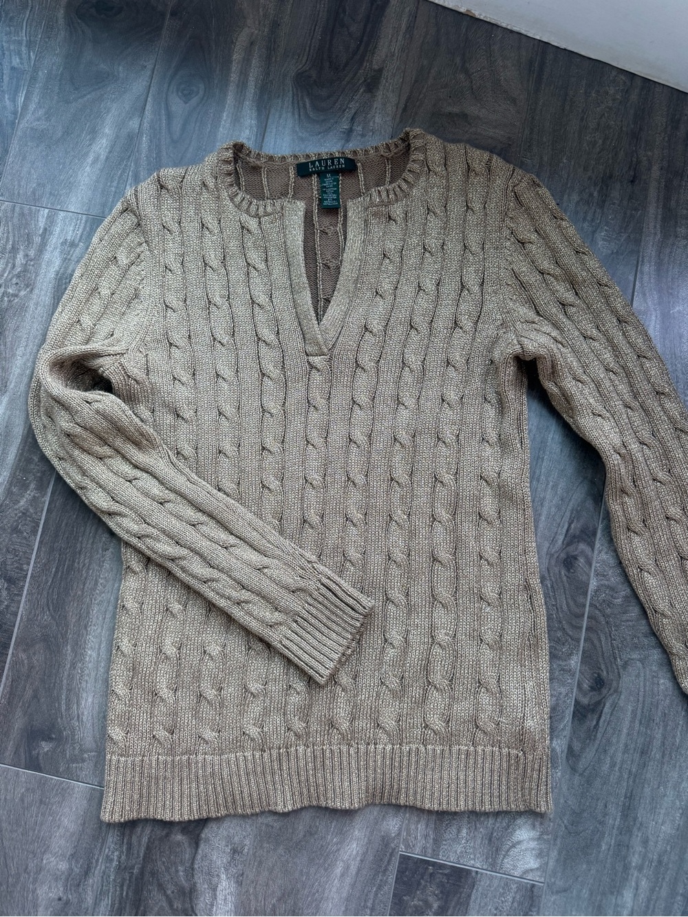 Ralph Lauren Men’s Cable-Knit V-Neck Sweater — Taupe